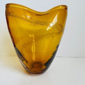 Handblown Art Amber Glass Controlled Bubbles Vase 9”